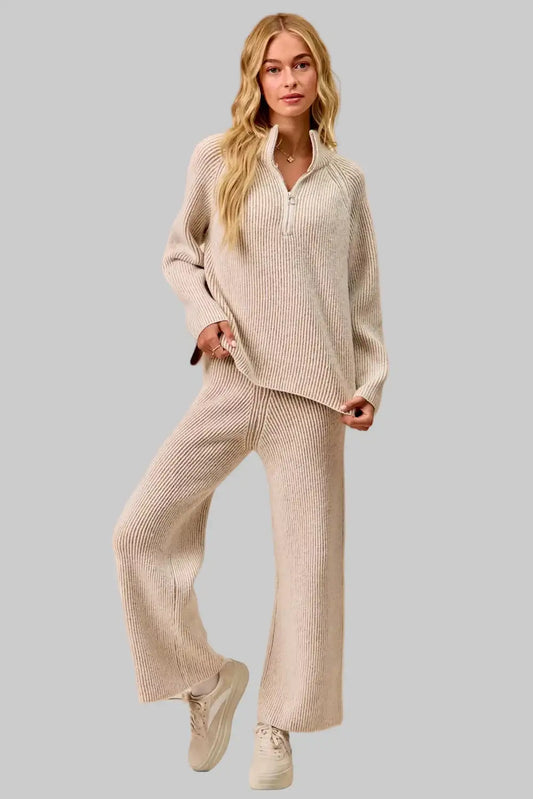 Abigail Ribbed Collared Zip Up Sweater