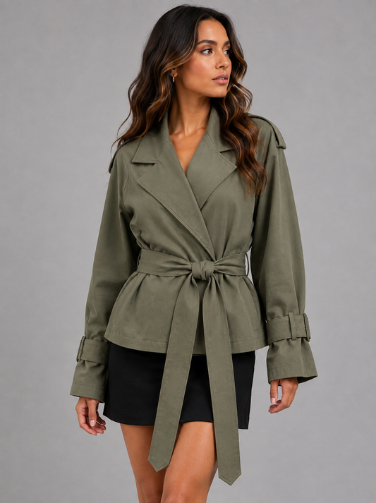 A woman modeling an olive green belted wrap jacket with wide lapels and matching cuffs, paired with a black skirt, against a solid gray studio background.