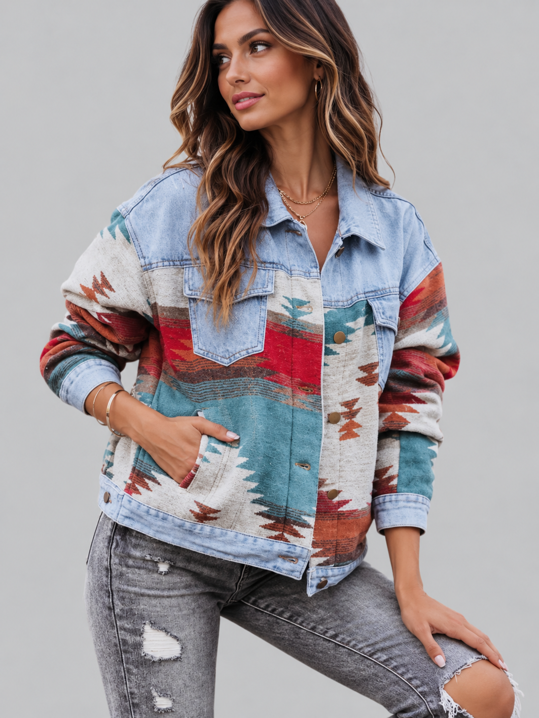 A woman wearing a light blue denim jacket with a colorful Southwestern geometric pattern in red, teal, and brown, paired with distressed gray jeans, against a solid gray background.