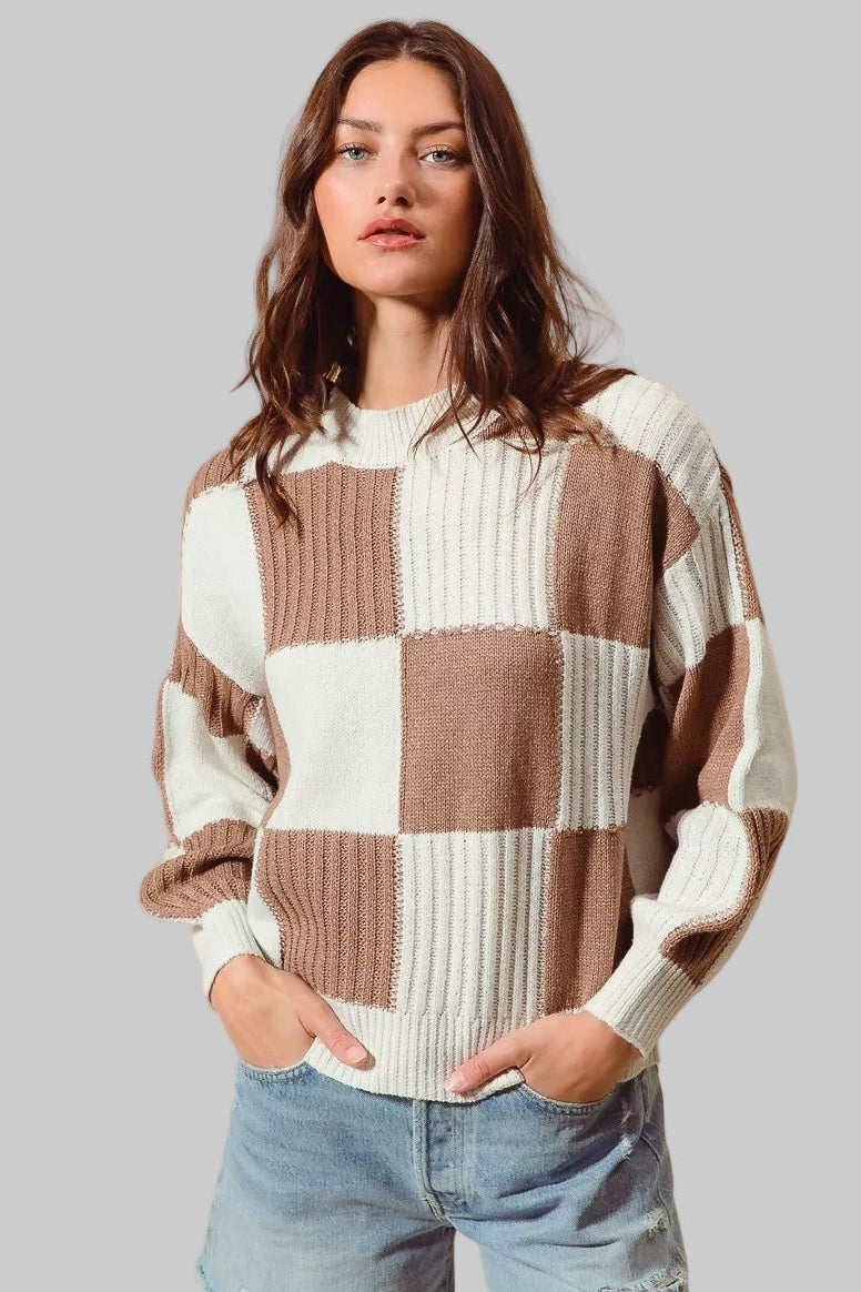 Bella Ribbed Color Block Checkered Sweater