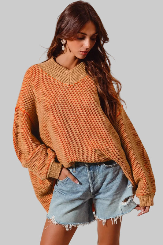 Bethany Oversized Two Tone Textured V Neck Sweater