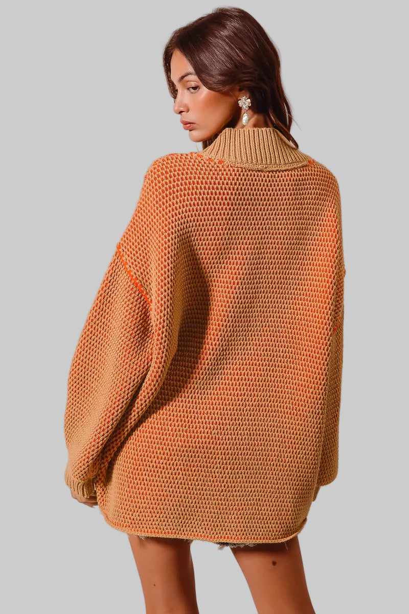 Bethany Oversized Two Tone Textured V Neck Sweater