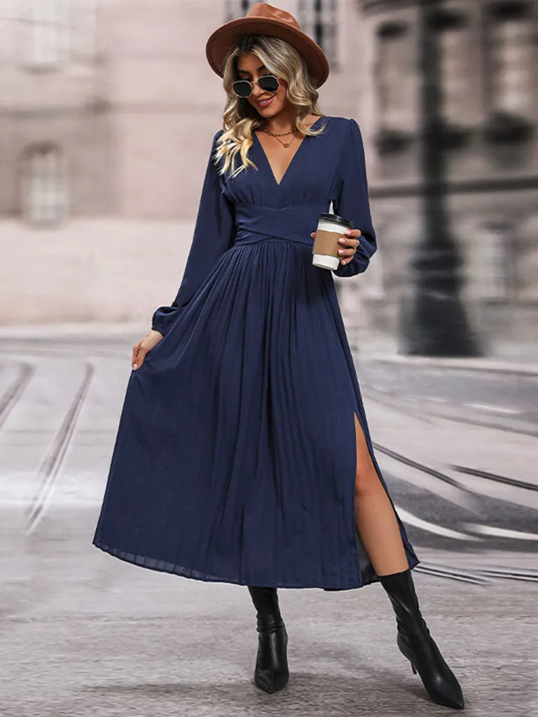 Bohemian Empire Waist Navy Slit Long Sleeve Dress