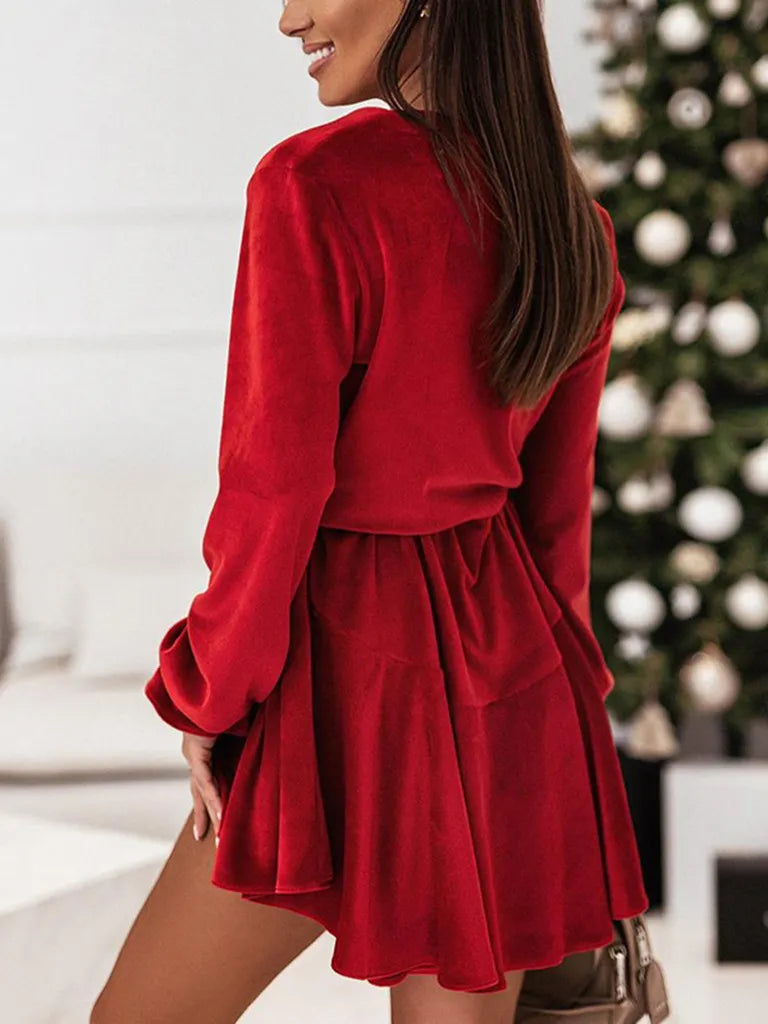 Bohemian Holiday Long Sleeve Surplice Wrap Velvet Dress