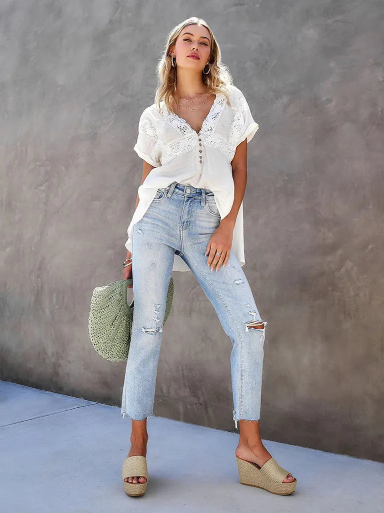 Bohemian V-Neck Open Back Peasant Top