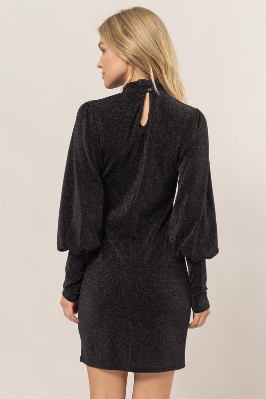 Bohemian Black Glitter Mock Neck Long Sleeve Mini Dress