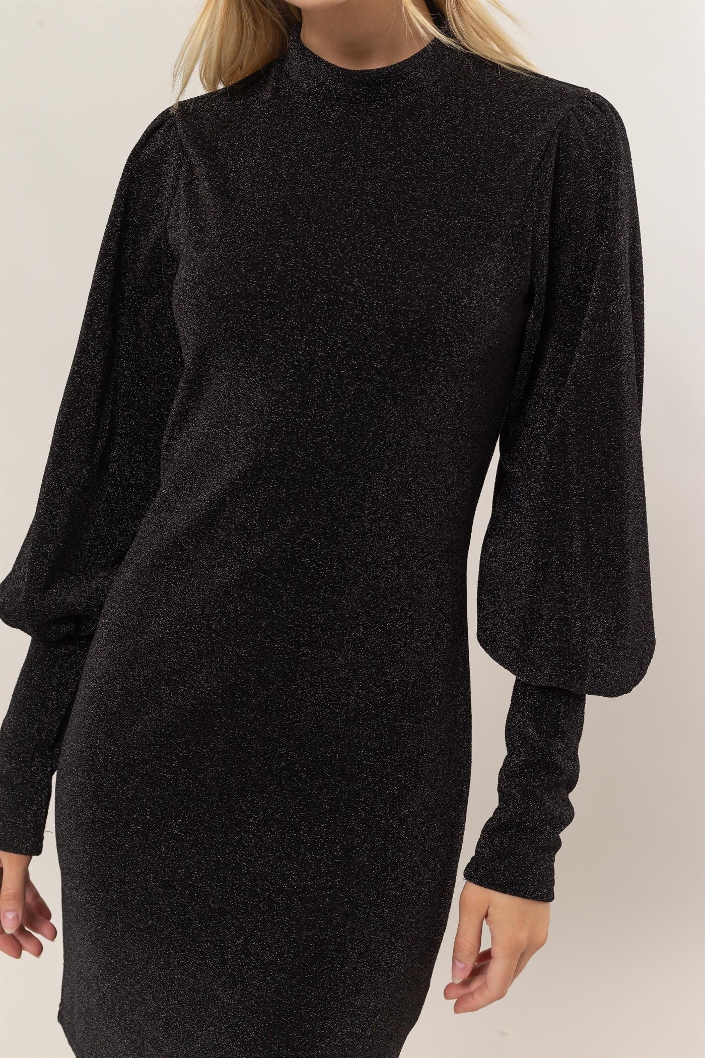 Bohemian Black Glitter Mock Neck Long Sleeve Mini Dress