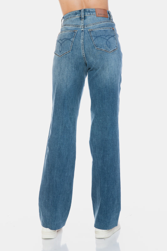 Bohemian Blue Tummy Control Cut Raw Hem Straight Jeans