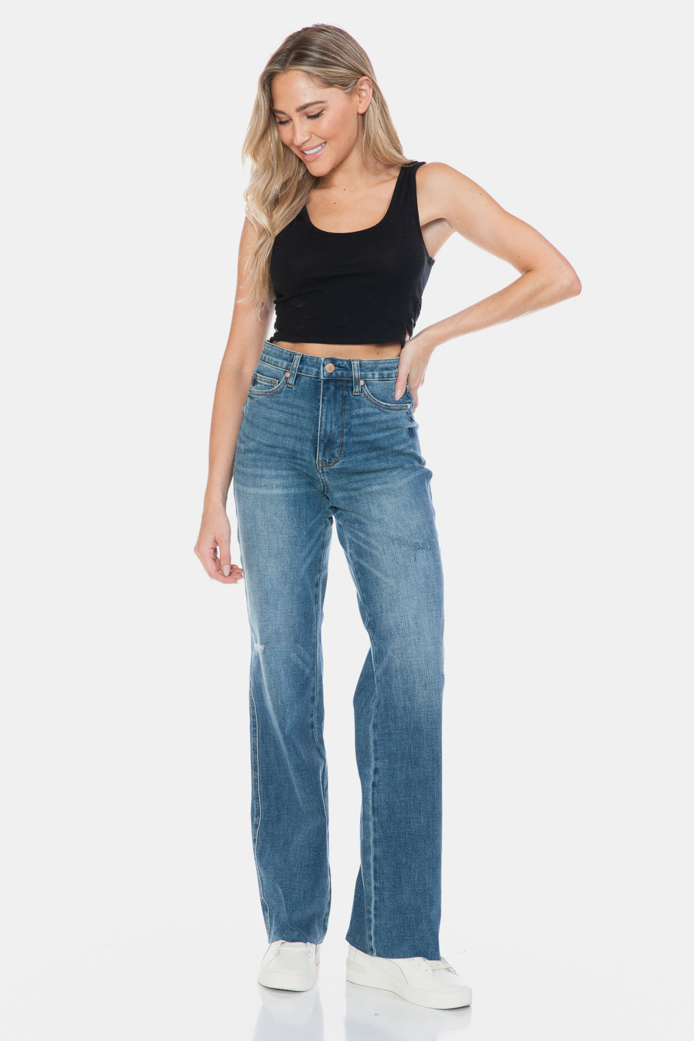 Bohemian Blue Tummy Control Cut Raw Hem Straight Jeans