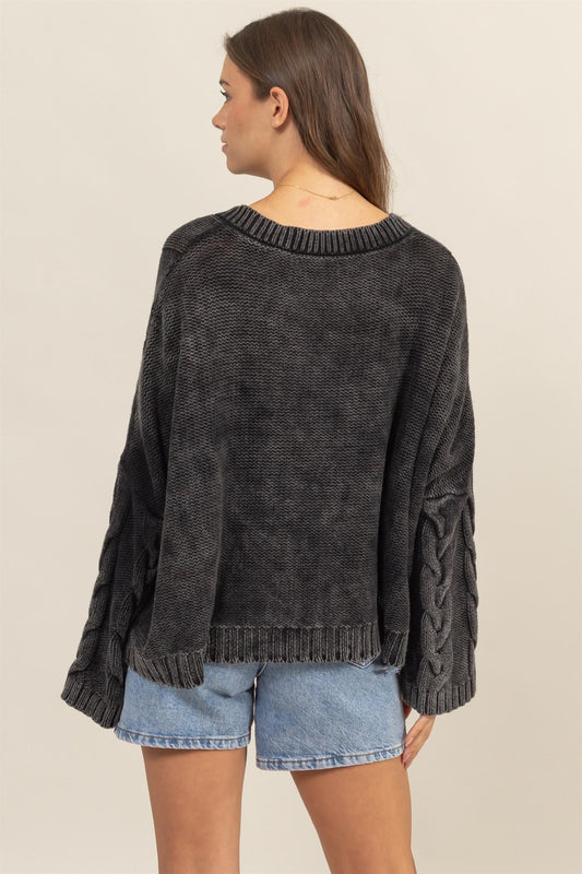 Bohemian Charcoal Black Cable Knit V-Neck Dropped Shoulder Oversized Sweater