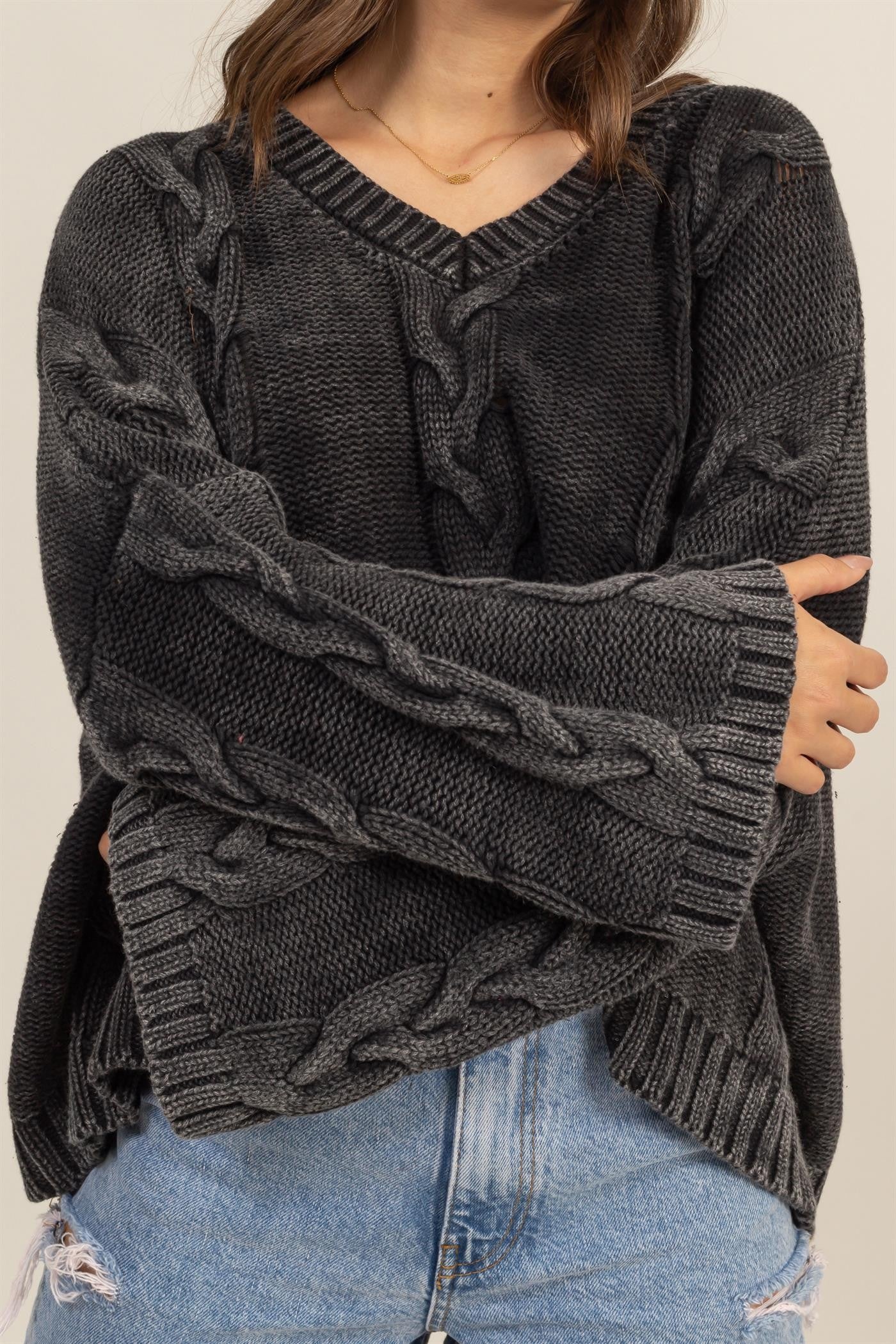 Bohemian Charcoal Black Cable Knit V-Neck Dropped Shoulder Oversized Sweater