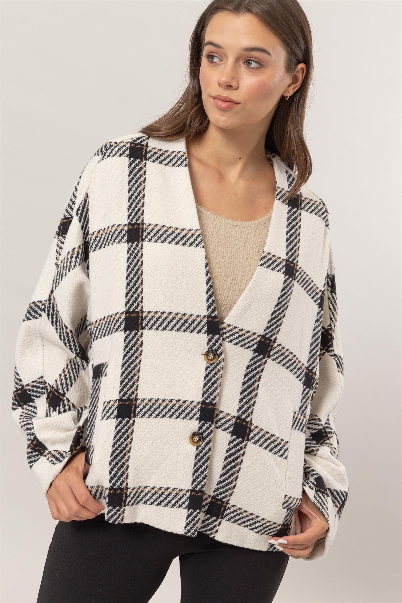 Bohemian Cream Plaid Long Sleeve Jacket with Side Slit Pockets