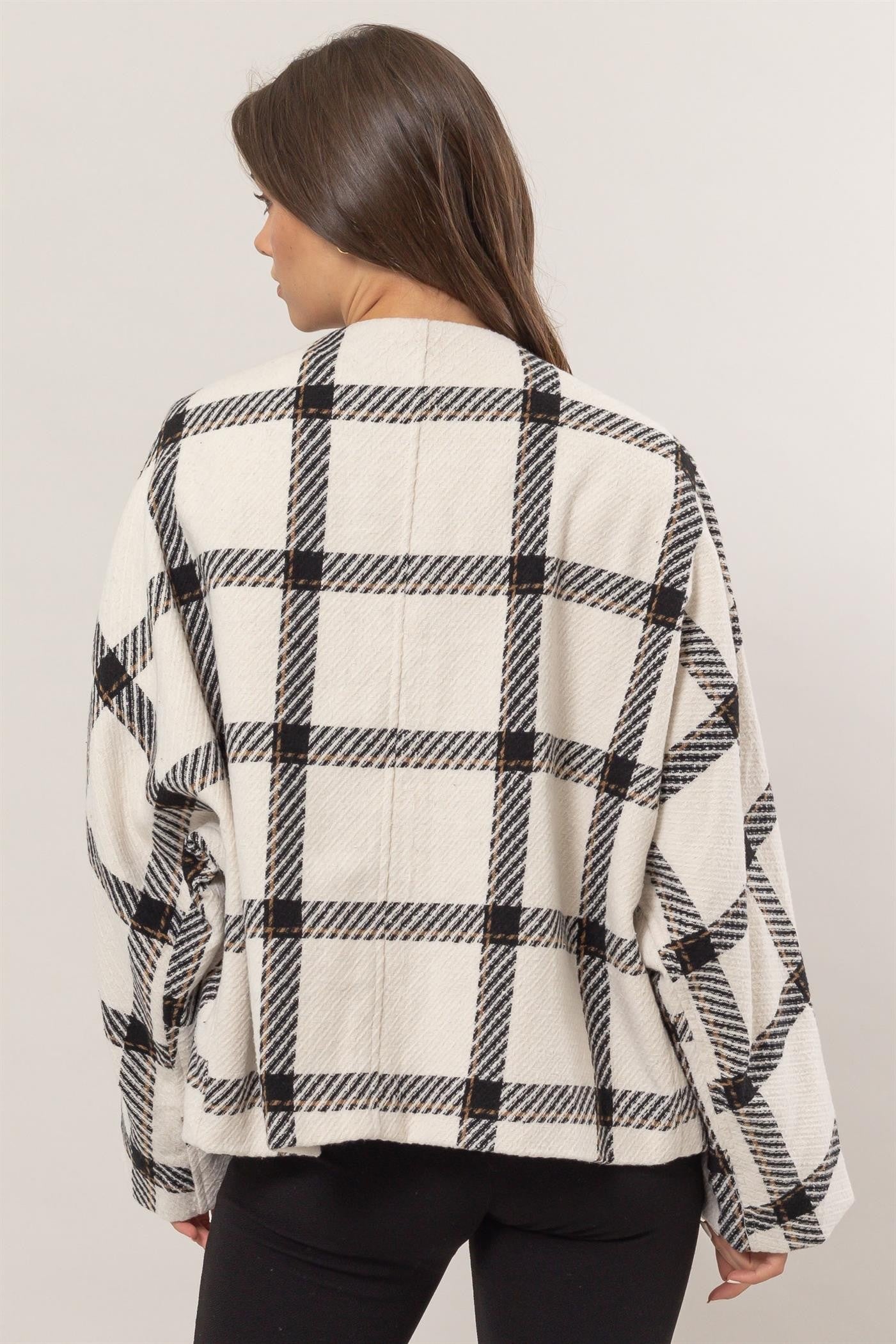 Bohemian Cream Plaid Long Sleeve Jacket with Side Slit Pockets