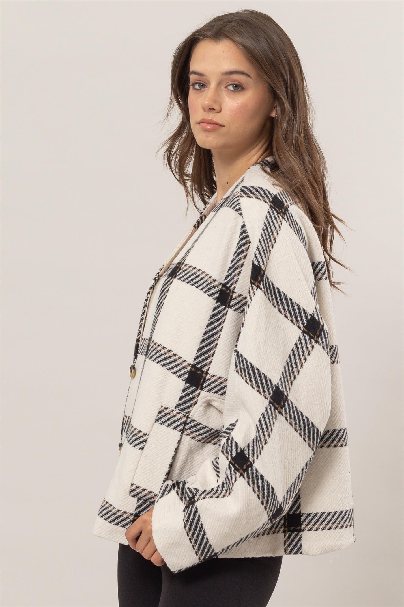 Bohemian Cream Plaid Long Sleeve Jacket with Side Slit Pockets