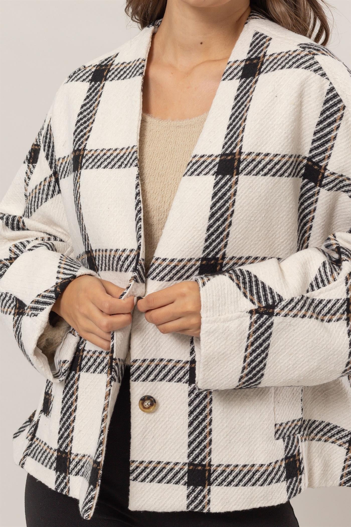 Bohemian Cream Plaid Long Sleeve Jacket with Side Slit Pockets