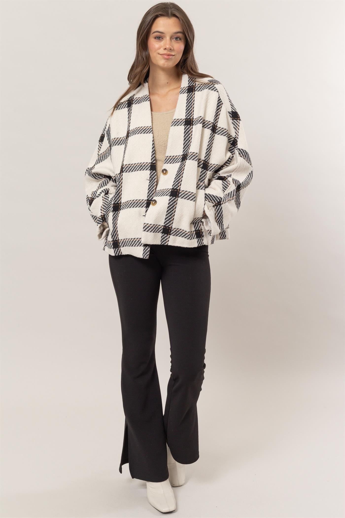 Bohemian Cream Plaid Long Sleeve Jacket with Side Slit Pockets