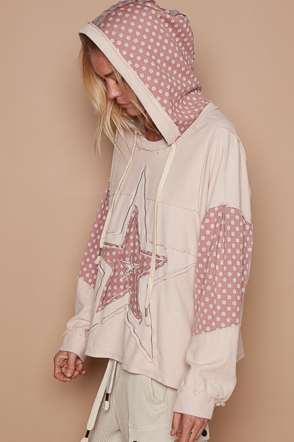 Bohemian Dusty Rose Star Patchwork Raw Edge French Terry Hoodie
