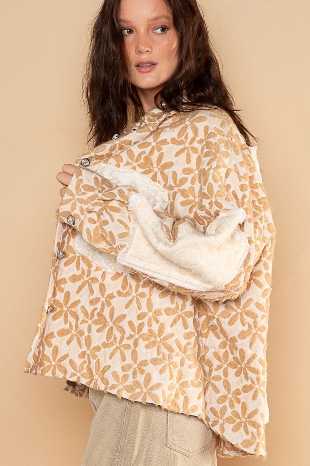 Bohemian Floral Pattern Jacquard Shacket with Chest Pocket