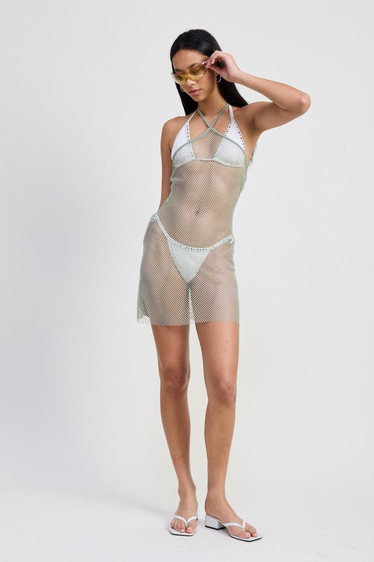 Bohemian Halter Rhinestone Mini Fishnet Coverup Dress 2