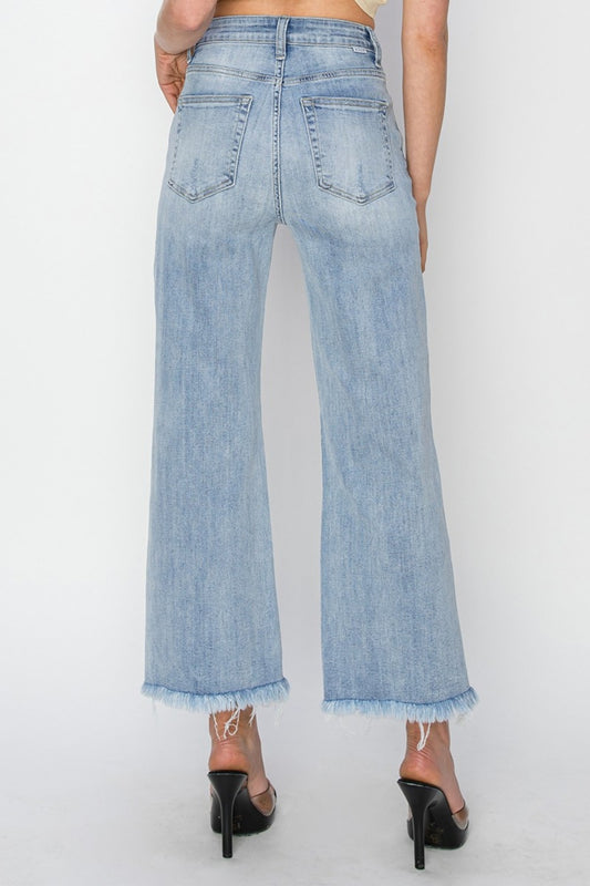 Bohemian High Rise Crop Wide Leg Fray Hem Jeans