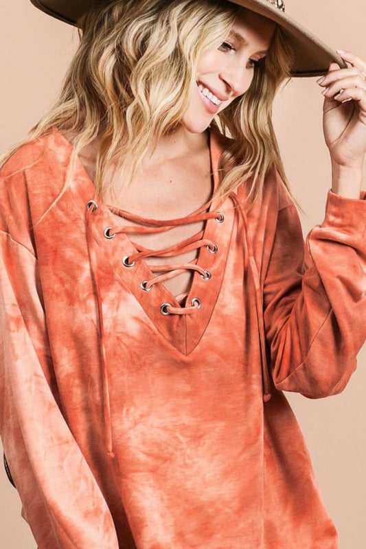 Bohemian Lace-Up Tie-Dye French Terry Long Sleeve Top
