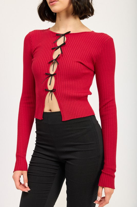 Bohemian Long Sleeve Ribbed Top with Bow Detail