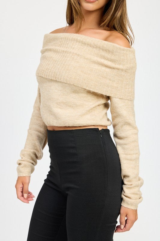Bohemian Off Shoulder Fold Over Sweater Top