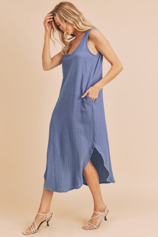 Bohemian Round Neck Midi Tank Dress with Pockets