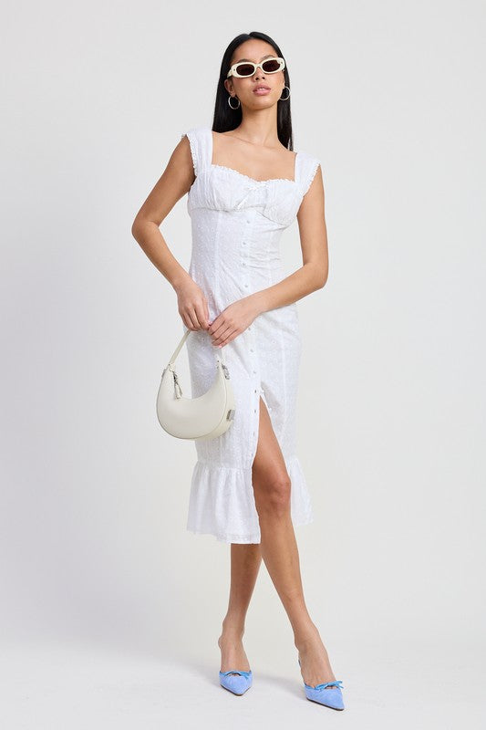 Bohemian Square Neck Midi Eyelet Cap Sleeve Dress