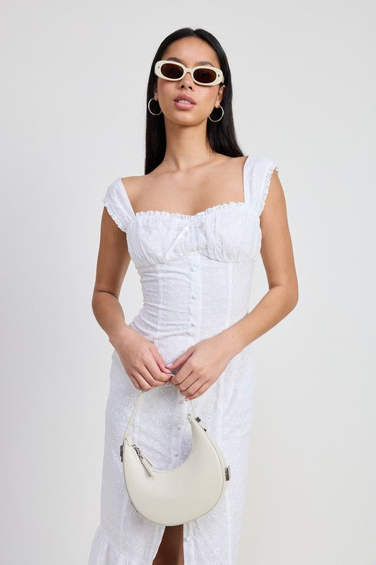 Bohemian Square Neck Midi Eyelet Cap Sleeve Dress