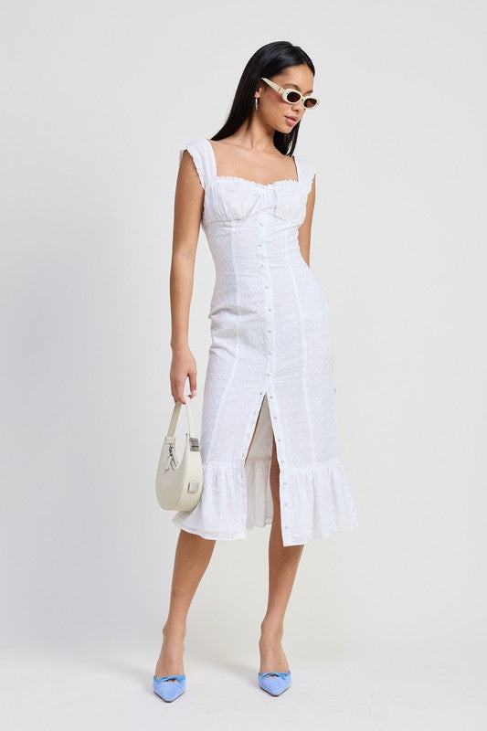 Bohemian Square Neck Midi Eyelet Cap Sleeve Dress