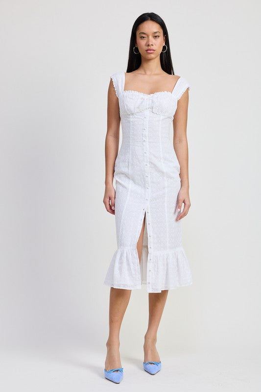 Bohemian Square Neck Midi Eyelet Cap Sleeve Dress