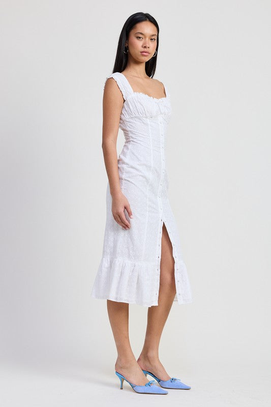 Bohemian Square Neck Midi Eyelet Cap Sleeve Dress