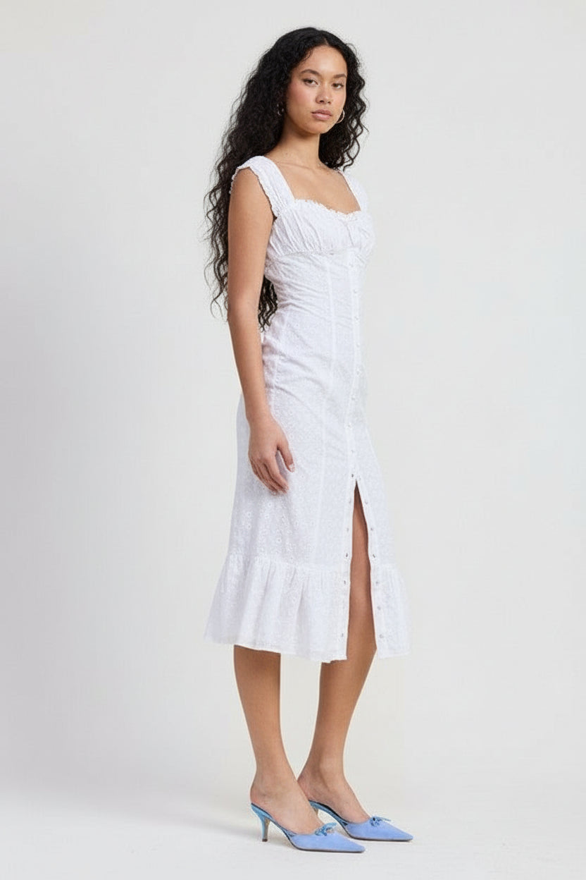 Bohemian Square Neck Midi Eyelet Cap Sleeve Dress