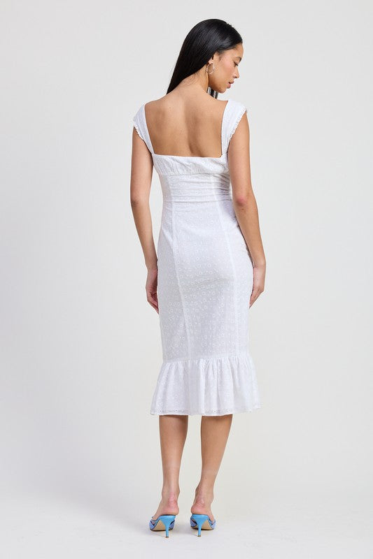Bohemian Square Neck Midi Eyelet Cap Sleeve Dress
