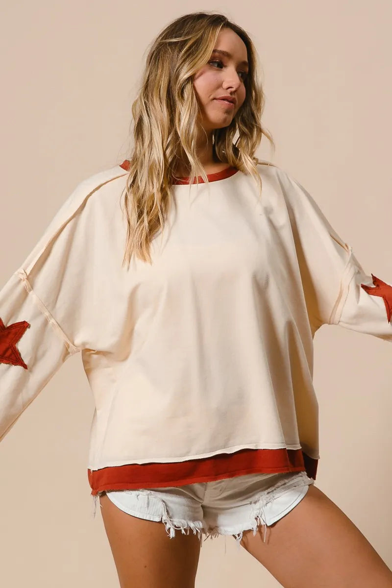 Bohemian Star Terry Top With Patch Detail Sweatshirt