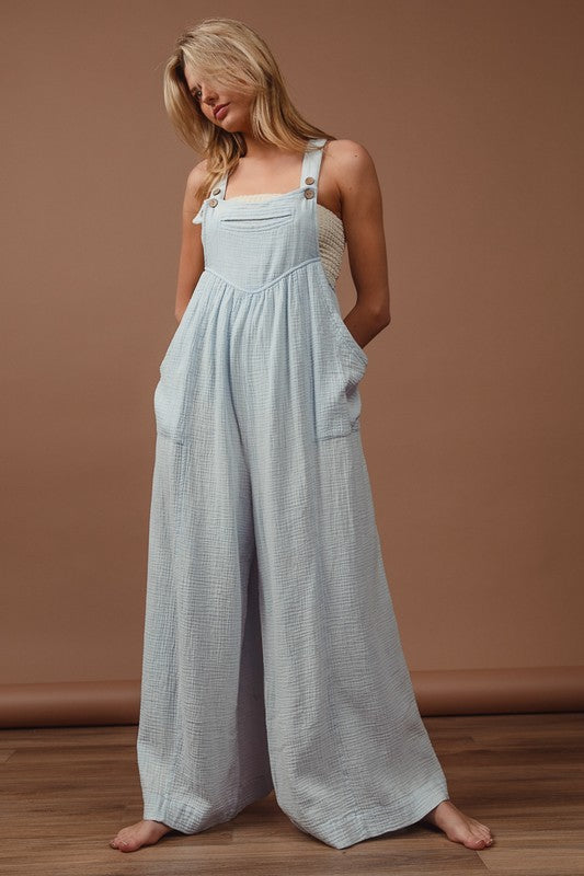 Bohemian Vintage Washed Crinkle Gauze Wide Leg Overall