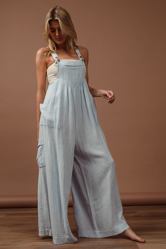 Bohemian Vintage Washed Crinkle Gauze Wide Leg Overall