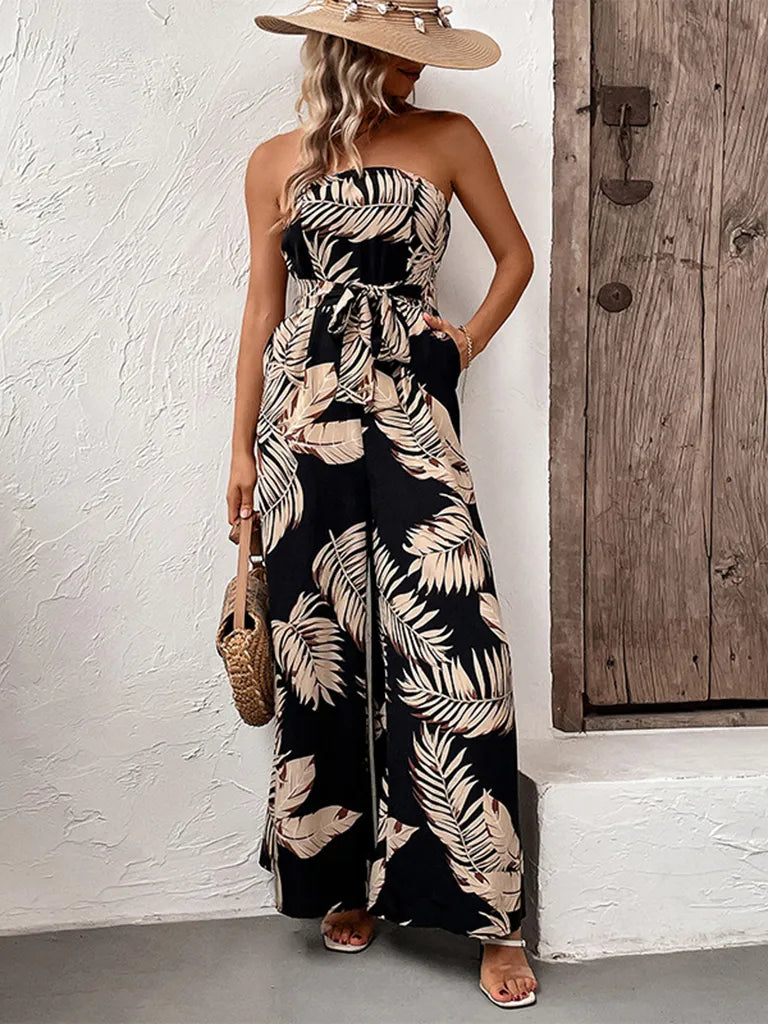 Boho Palm Leaf Botanical Strapless Wide Leg Jumpsuit