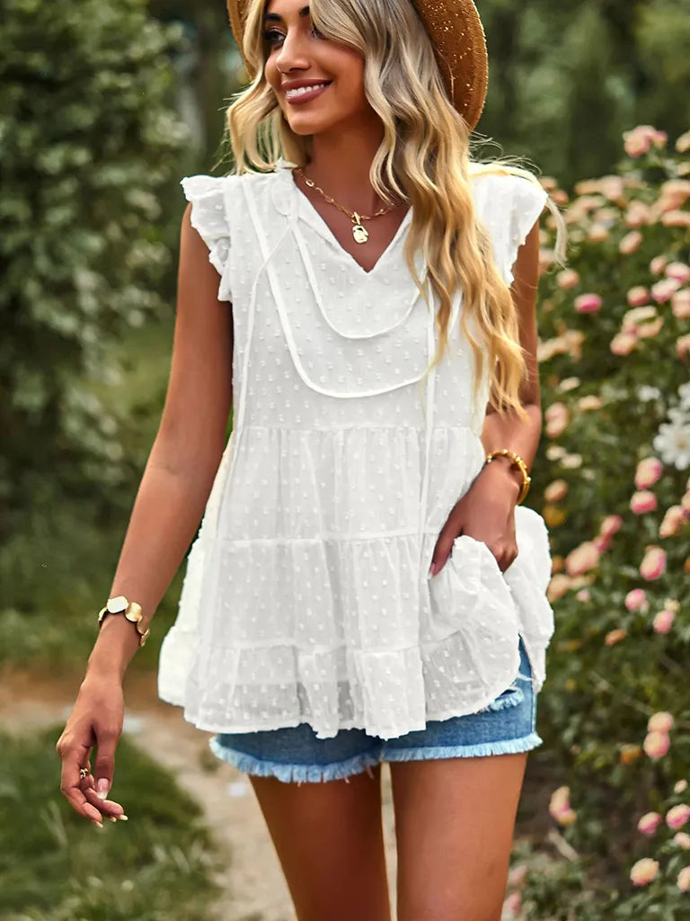 Boho Swiss Dot V-Neck Flutter Sleeves Babydoll Top