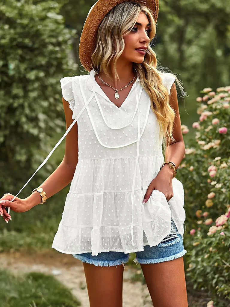 Boho Swiss Dot V-Neck Flutter Sleeves Babydoll Top