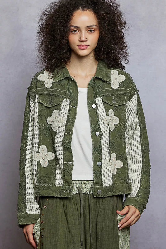 Boho Button Down Raw Hem Jacket with Floral Patch
