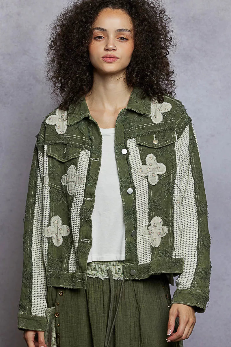 Boho Button Down Raw Hem Jacket with Floral Patch
