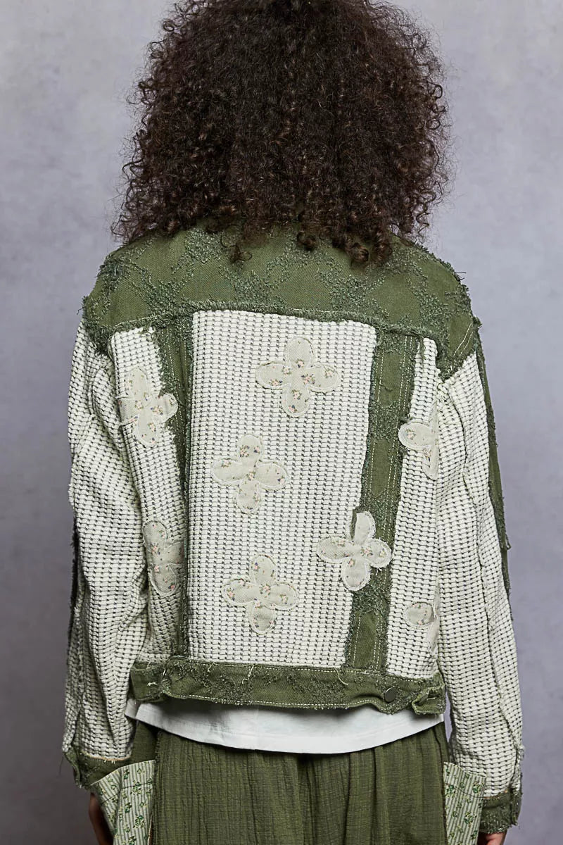 Boho Button Down Raw Hem Jacket with Floral Patch