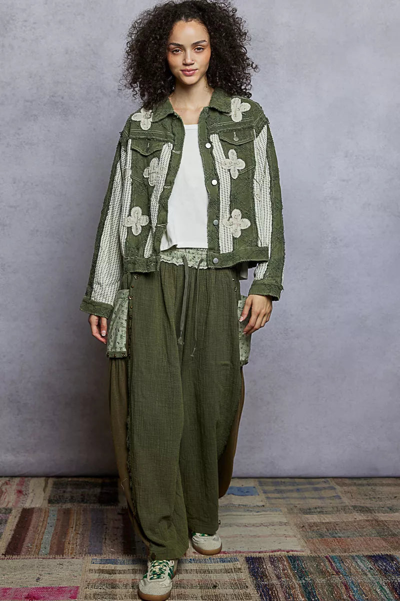 Boho Button Down Raw Hem Jacket with Floral Patch
