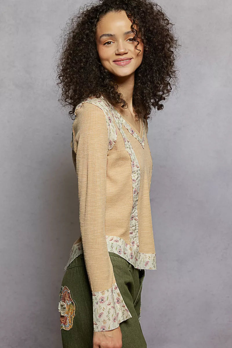 Boho Floral Patch V-Neck Long Sleeve Ribbed Top