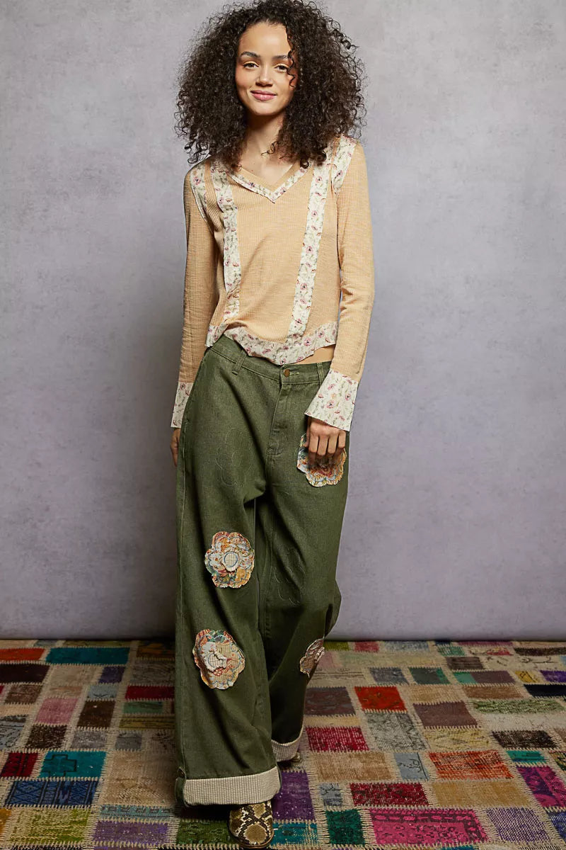 Boho Floral Patch V-Neck Long Sleeve Ribbed Top