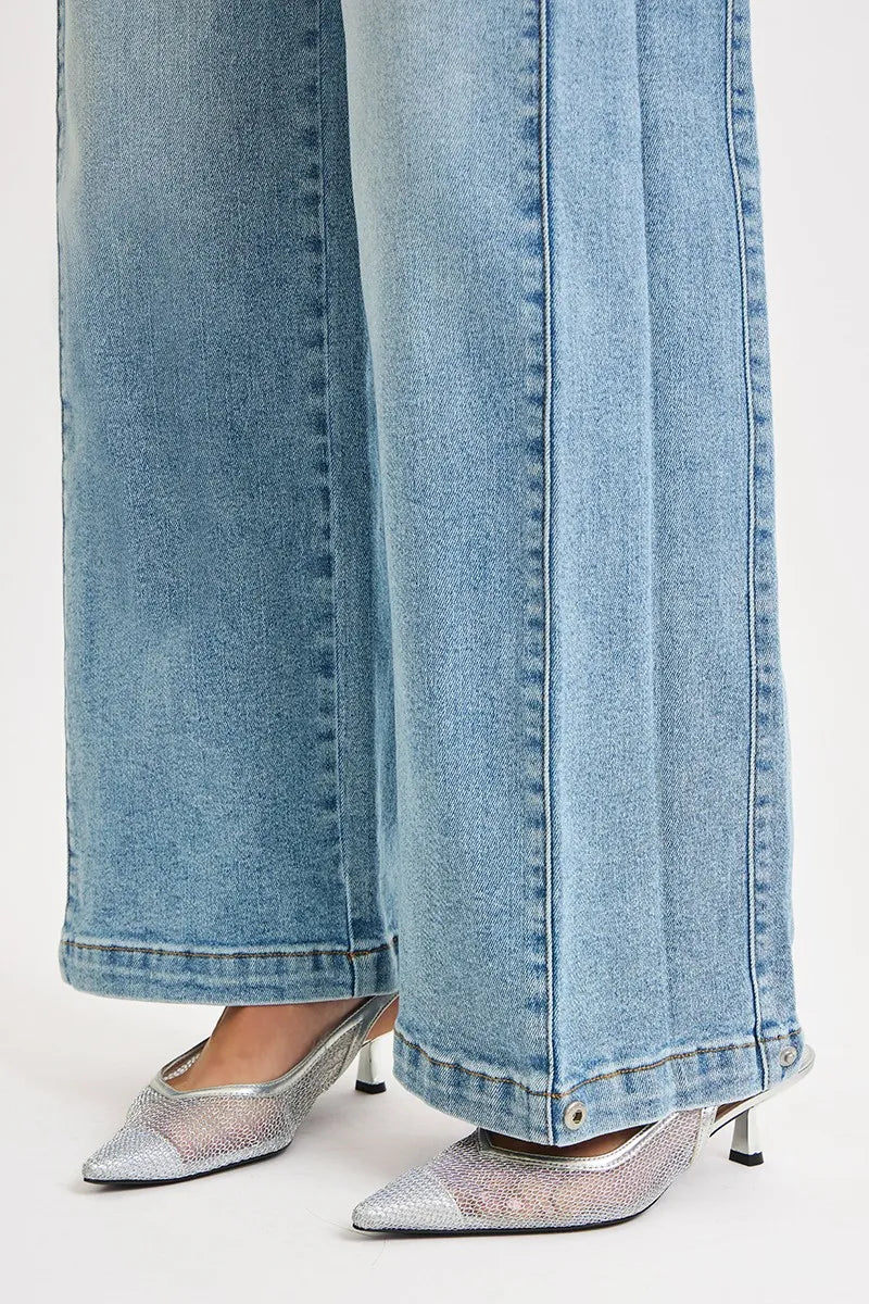 Boho Mid Rise Wide Barrel Leg Snap Jeans
