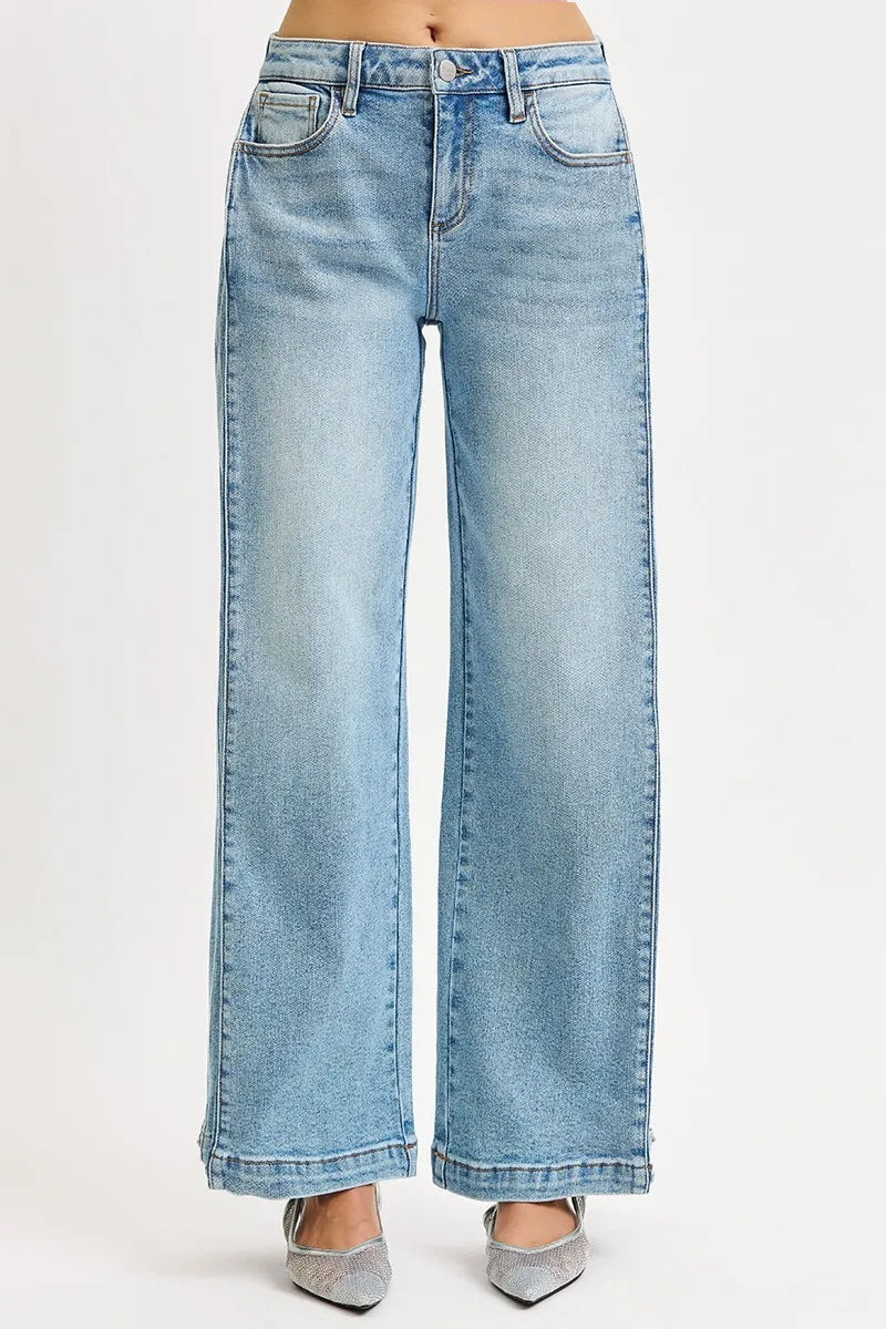 Boho Mid Rise Wide Barrel Leg Snap Jeans