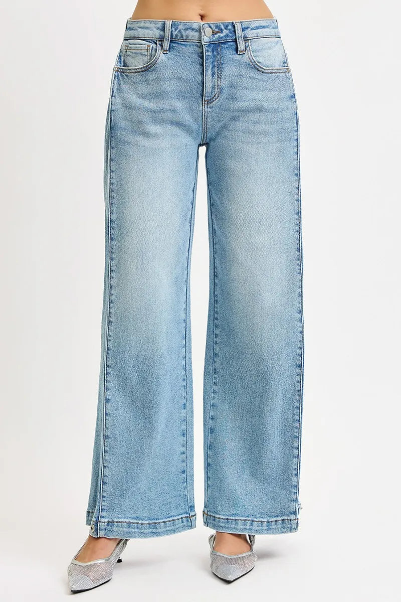 Boho Mid Rise Wide Barrel Leg Snap Jeans